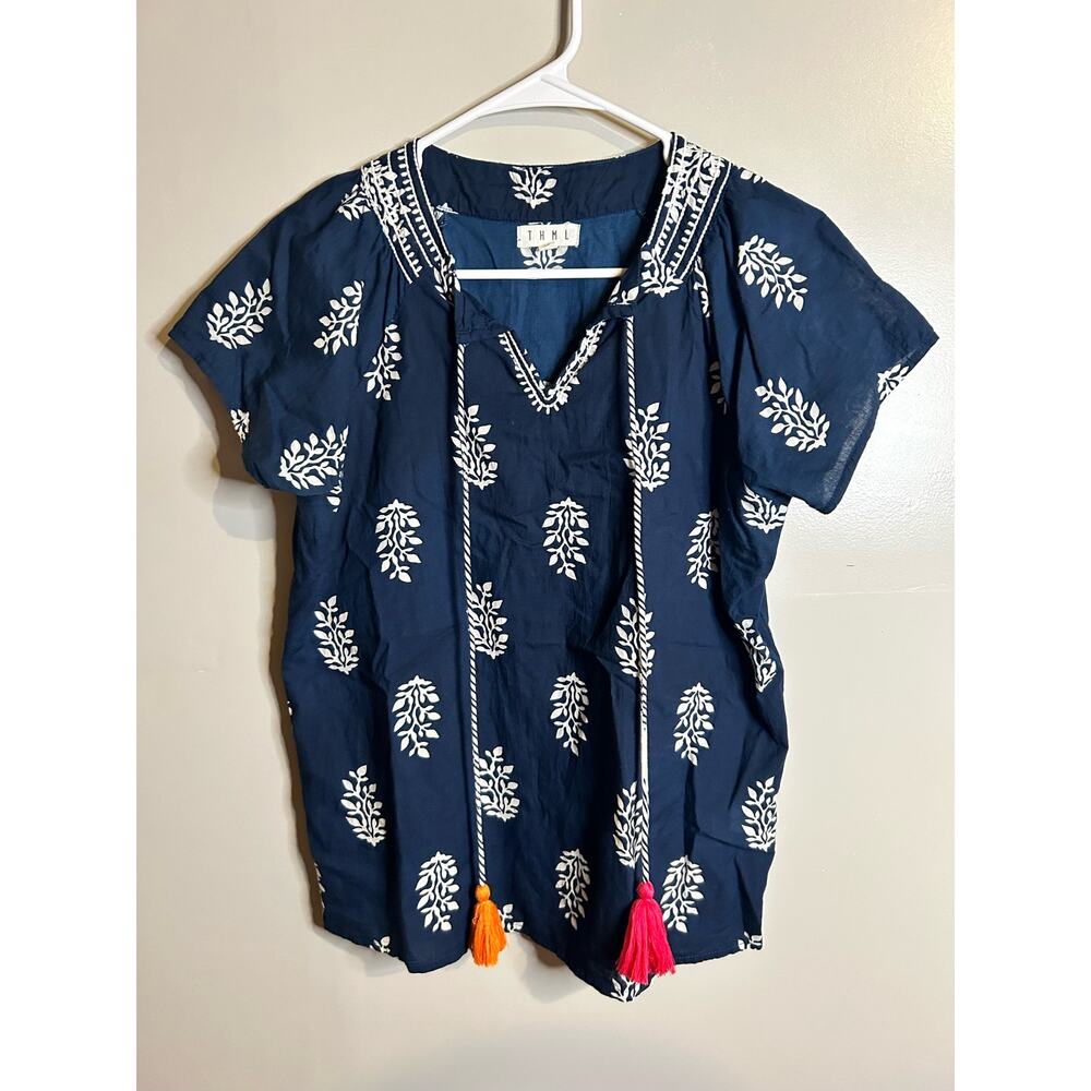 THML Navy & White Aztec Short Sleeved Blouse